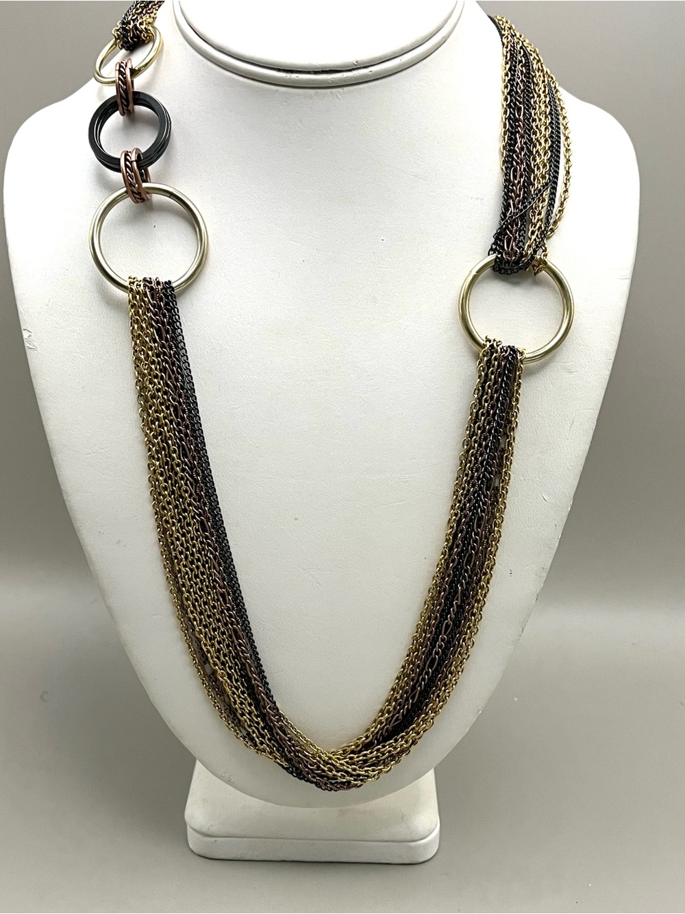 Statement Mixed Metal Multi Strand Chain Necklace Gold Black Copper O-Ring